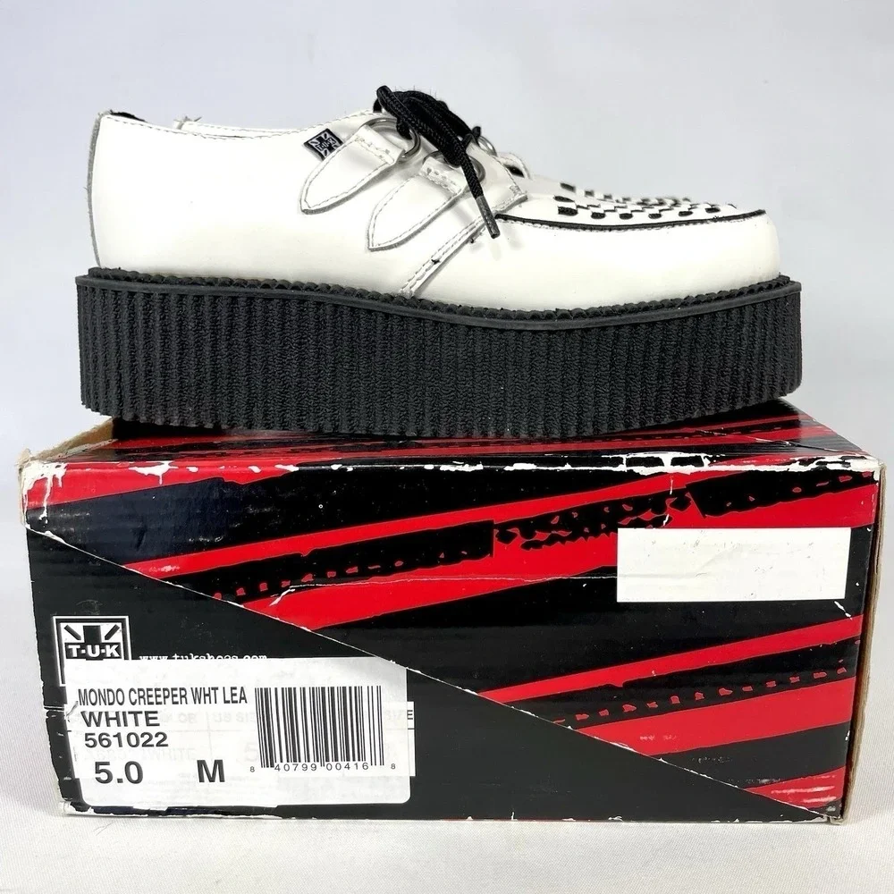 T.U.K. Mondo Creeper Platform‎ Shoes Womens 7 White Black Leather Goth Punk